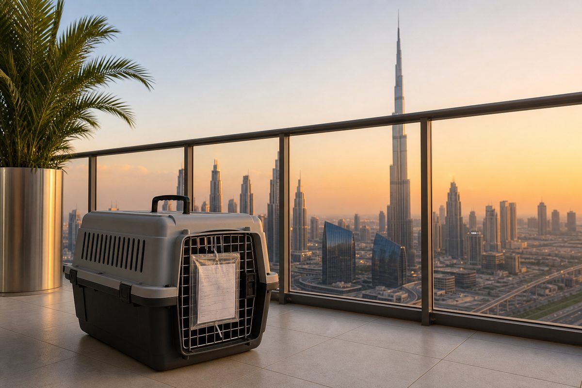 A travel crate with documents on a Dubai balcony overlooking the skyline before an international move