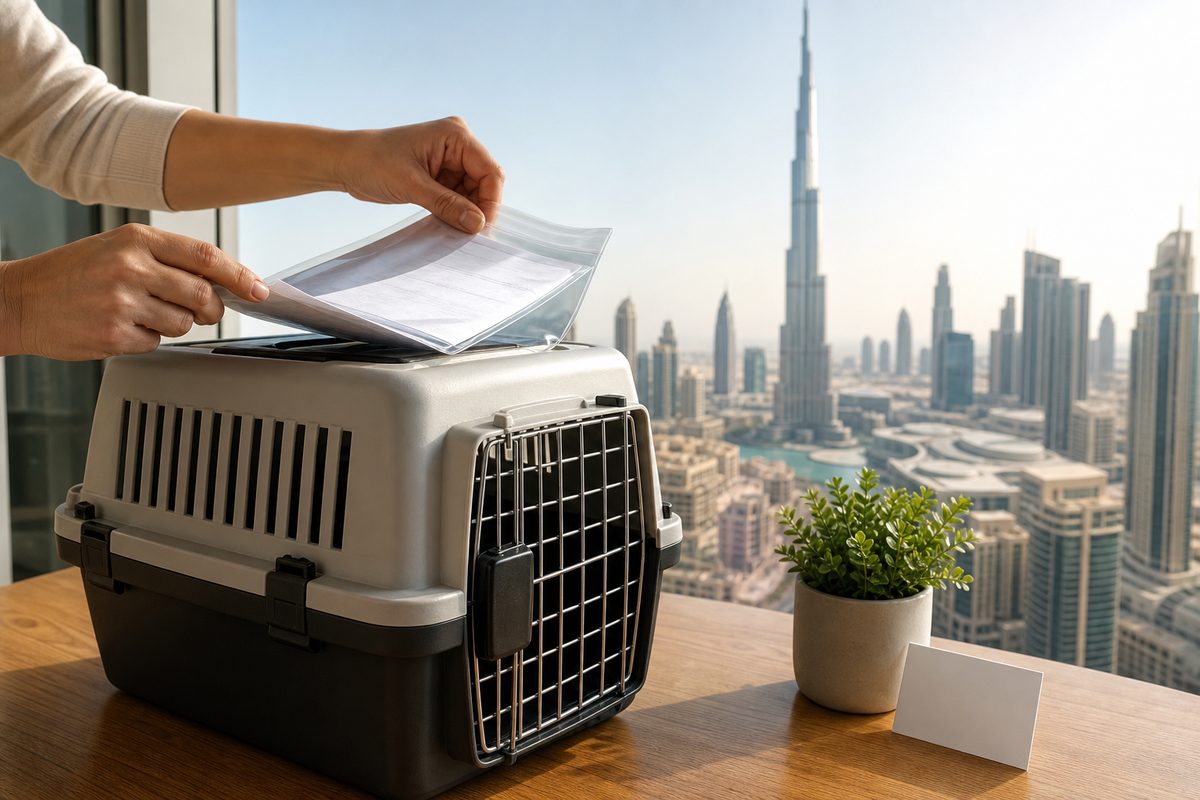 Hands placing import documents on a pet travel crate with the Dubai skyline in the window