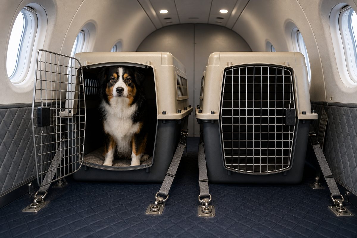 A dog in an open travel crate inside a dedicated animal-lift cabin for shared pet charter from Dubai