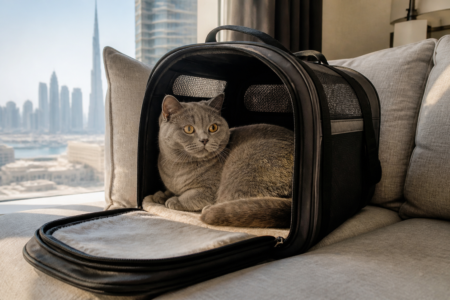 British Shorthair cat resting in a travel carrier inside a Dubai apartment