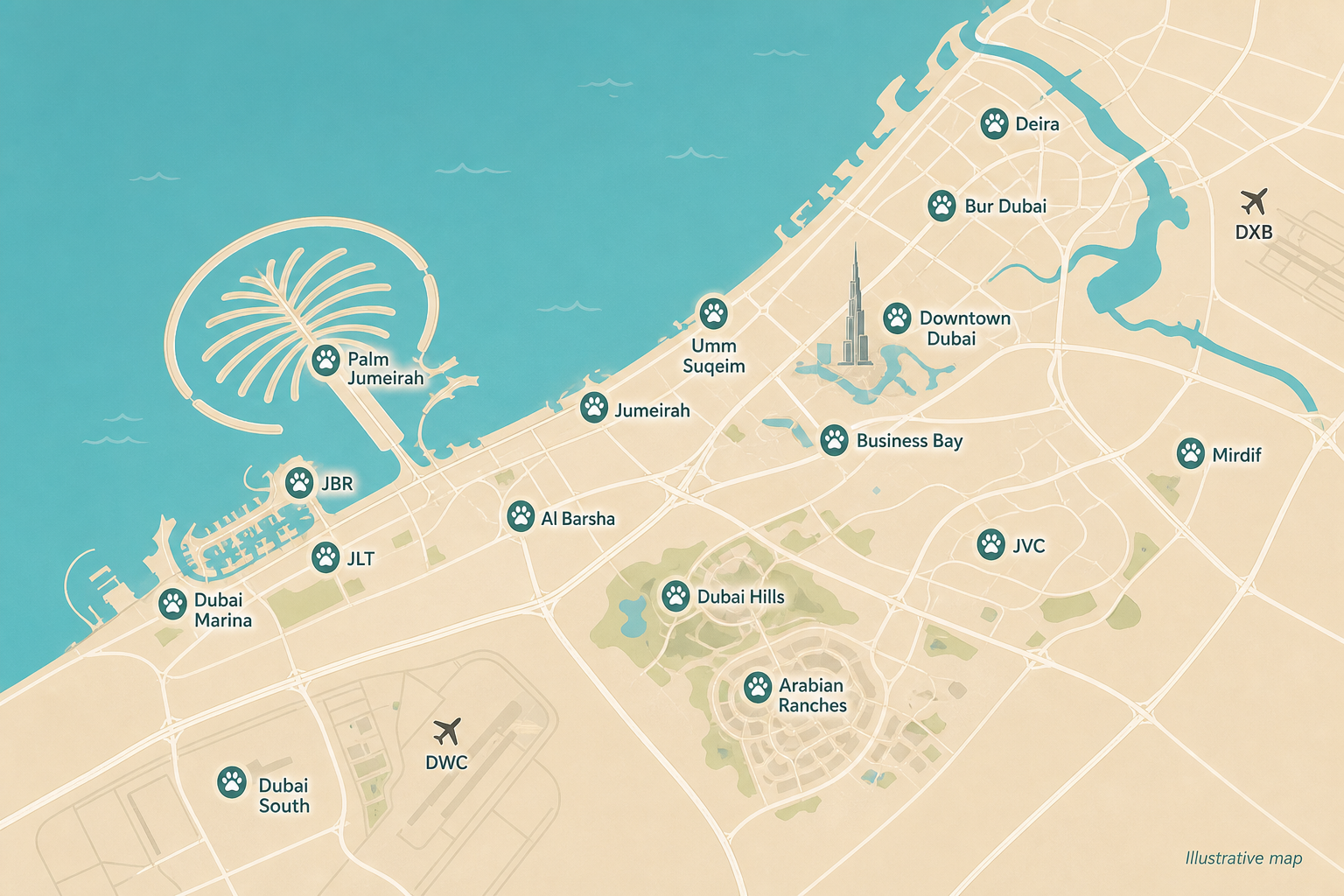 Map of Dubai communities covered for pet relocation, from Dubai Marina to Mirdif and Dubai South