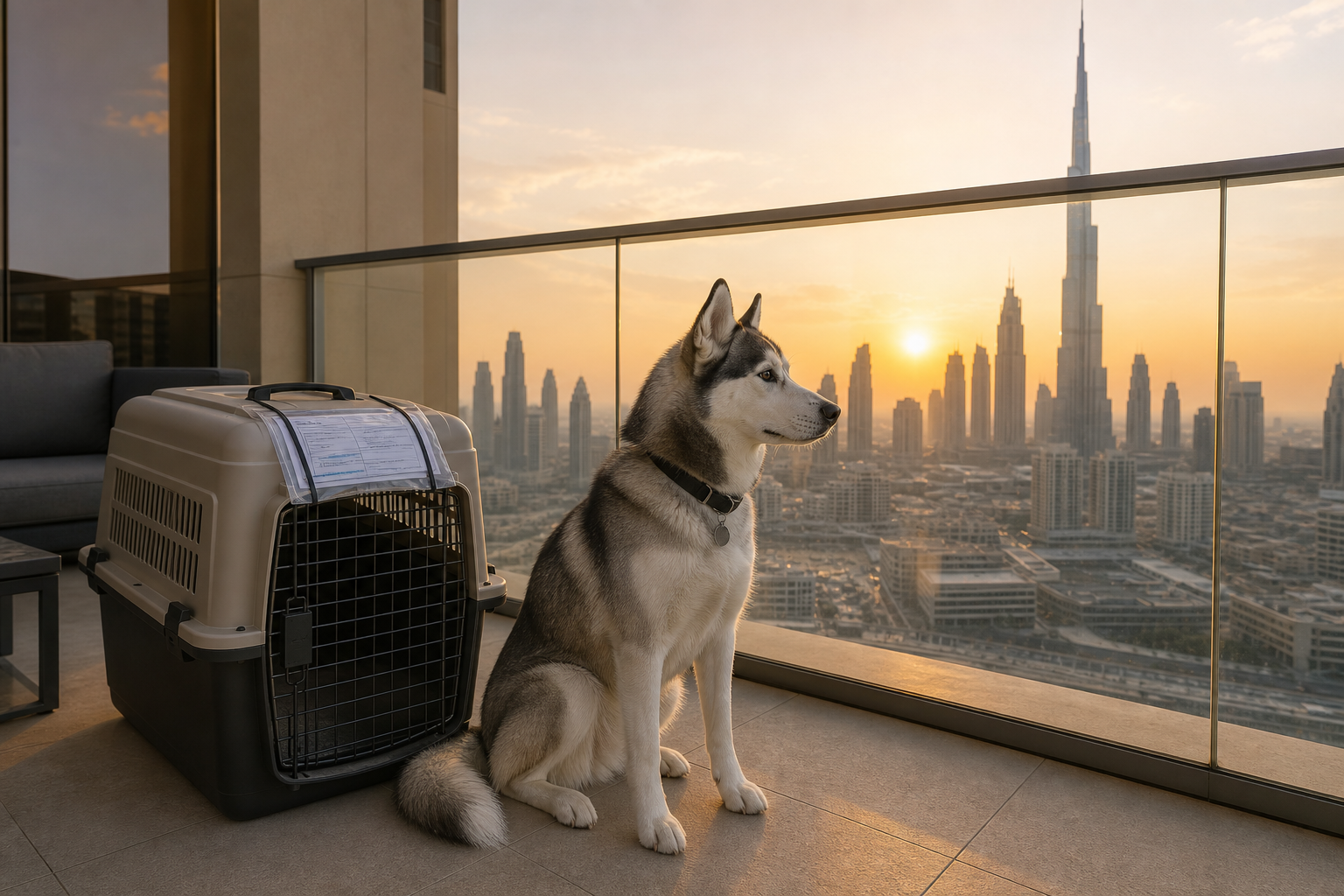 Husky sitting beside a packed travel crate on a Dubai balcony before relocating from Dubai