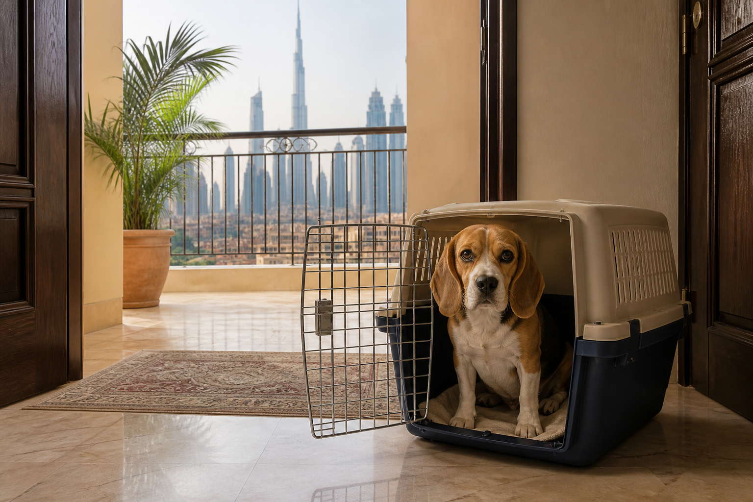Beagle in a travel crate at a home doorway with a Dubai skyline beyond, suggesting international pet relocation routes