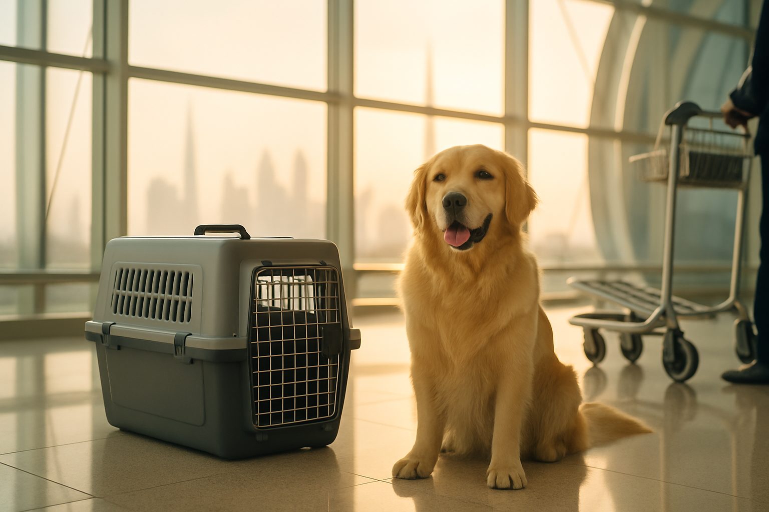 Calm golden retriever ready for relocation beside its travel crate in a bright Dubai home